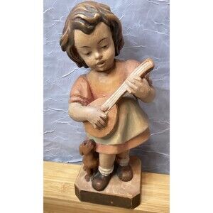 Walter Stahli Black Forest Swiss Wood Carved Girl w/ Lute & Puppy Dog Figure